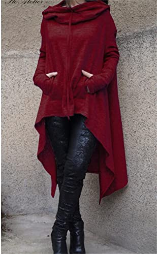Sweater Hoodies for Women Casual Long Sleeve Irregular Hem Hooded Sweatshirt Pullover Dresses Loose Pocket Hood Tops Wine Red