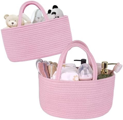 Baby Diaper Caddy Girl Boy Organizer Small Woven Baskets With Handle, Cotton Rope Tote For Shower Nursery, Decorative Small Storage Baskets For Shelves,Unique Gift Baby