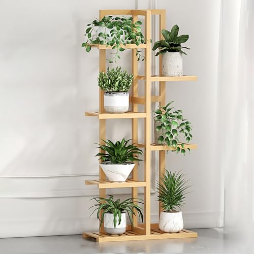 フラワースタンド 室内 盆栽棚 プランタースタンド 楠竹多層収納観葉植物ラック 組み立ても簡単省スペース 植木鉢スタンド ベランダ 玄関 会議室 家用 展示用屋内/屋外 植物スタンド (6層40 × 20 × 122cm, 原木色)