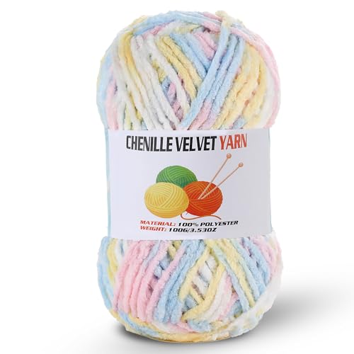 Image of Fluffy Chenille Yarn for Crocheting, Chunky Velvet Yarn for Crochet Amigurumi, Used for Making Baby Yarns Blanket, Clothes, Pattern Knitting Creations (1-Colorful-C)