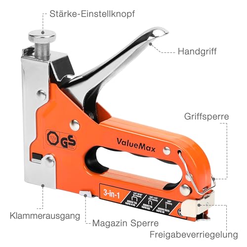 ValueMax 3-in-1 Handtacker Set mit 3000 Klammern -TÜV GS geprüft- Profi Tacker für Holz, Typ 140/28/8 leistungsstarker Tackerpistole mit einstellbarer Schusskraft für Dekoration, Möbel