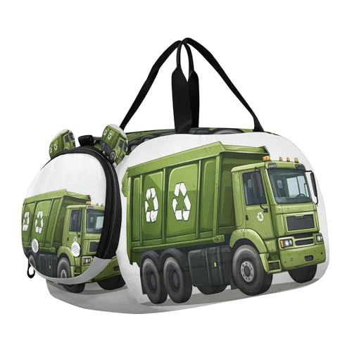 Glaphy Garbage Truck Duffle Bag for Toddler Boys Girls, Gym Sports Bag with Shoe Compartments, Kids Travel Overnight Weekender Shoulder Bag