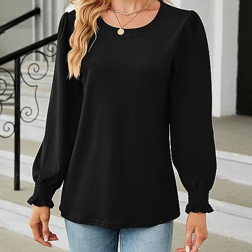 Blusa feminina de manga comprida casual com manga lanterna, blusa casual outono inverno, Preto, G