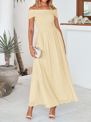 Image of MASCOMODA Women Off The Shoulder Mesh Maxi Dress Bodycon Ruched Formal Sleeveless Pleated Cocktail Wedding Guest Long Dresses