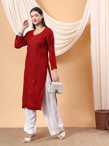 Image of POSHAK CHIKAN STUDIO Women's Hand Embroidered Lucknowi Chikankari Modal Straight Long Kurta, heer