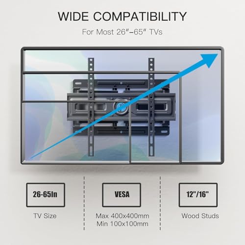 Image of Pipishell Full Motion TV Wall Mount for 26-65 inch TVs up to 99 lbs, TV Mount with Dual Arms, Swivel, Tilt, Max VESA 400x400mm, 3 Bracket Heights, Wall Mount TV Bracket Fits 12 inch /16 inch Wood Studs, PIMF4