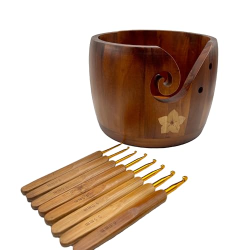 Image of Gutyca Yarn Bowl for Crocheting - Wooden Bowl, Hooks, Kit, Accessories, Holder, Knitting Kit, Gifts