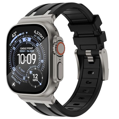 NewWays kompatibel mit Apple Watch Armband 49mm 46mm 45mm 44mm 42mm(Serie 1 2 3), Silikon Sport Armband für iWatch Ultra 3 2 1 Series 11/10/9/8/7/6/5/4/3/2/1/SE Herren Damen,Schwarz/Titan Stecker