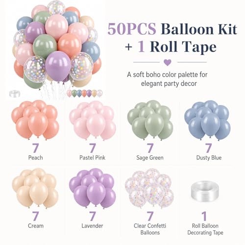 Image of Pastel Balloons,50PCS 12 Inch Retro 6 Color Blue Purple Green Pink Orange Beige Boho Latex Party Balloon for Colorful Ballon Birthday Graduation Anniversary Shower Easter Wedding Decorations