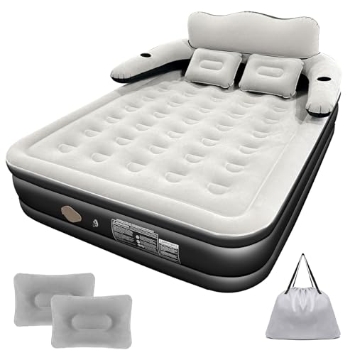 HEEDU Colchón de Aire Inflable con Cabecero, Bomba de Aire Eléctrica Inalámbrica, 2 Almohada Inflable, Inflado Rápido Automático, Cama Inflable Queen para Hogar, Viajes y Camping