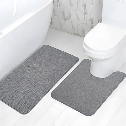 Bathroom Rugs Sets 2 Pieces,Ultra Thin Bath Rugs,Rubber Bath Mats for Bathroom Quick Dry,Washable,Fit Under Door,Bath Mat for Bathroom Floor,Shower,Sink,Includes 17"x35"+Bath Rugs 20"x24" Toilet Rug Cover