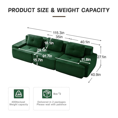 Image of 117 inch Oversized 3 Seater Modular Boneless Couch, Durable Corduroy Fabric, Deep Seat Cloud sectional Sofa with Buckle Connection and Tufted Detail, No Assembly, Anti Slip, Green