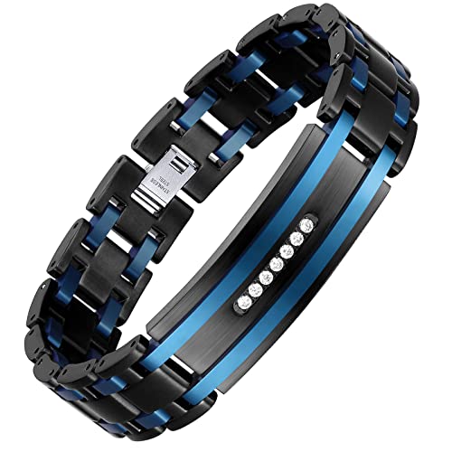 Zillaly Ziallaly Men's Link Bracelet Two Tone Diamond Hip Hop Jewelry Gift Ladies Lady Birthday Christmas Jewelry Gift Husband Boyfriend Son (Blue Black) #TOP29