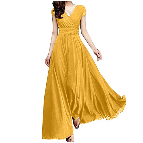 Mingyun Women's Short Sleeve Maxi Dress Chiffon V-Neck Comfy Evening Party Dress Retro Solid Color Slim Elegant Long Dress Yellow
