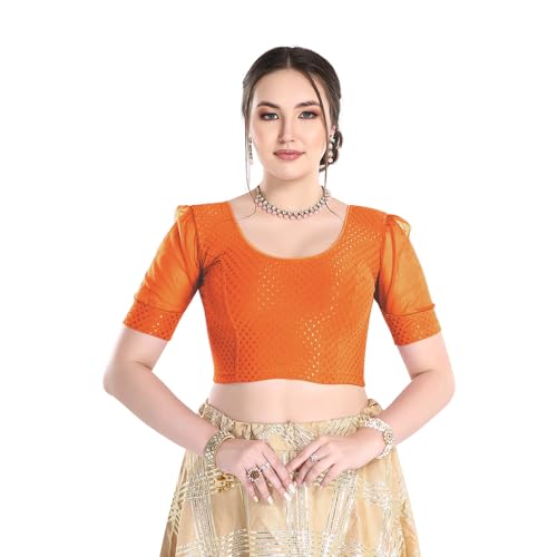 Image of FINESTFIT Stay On Trend Fashion 100% Cotton Readymade Blouses for Women,Round Neckline with Organza Balloon Sleeves.