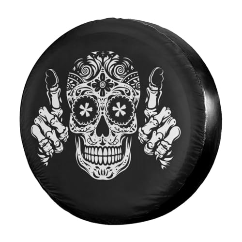 Image of Black White Skull Spare Tire Cover Dust-Proof Wheel Tire Cover Fit Trailer, RV, SUV and Many Vehicle 14 Inch