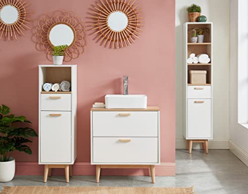 BAÏTA Mila Meuble sous-Vasque pour Salle de Bain, MDF Massif de pin, Blanc et Bois, L60 x P29,5 x H65cm
