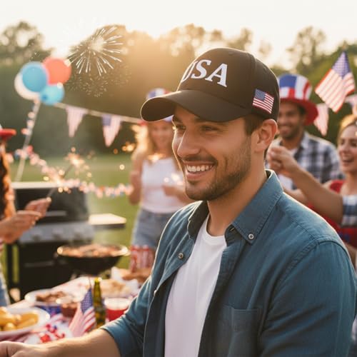 Image of USA Flag Baseball Cap American Patriotic Trucker Hat Father Dad Mother Mom Adjustable Sportswear Hat for Men Women Adults