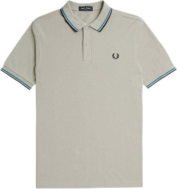 Fred Perry Mens M3600 Plain Polo Shirt 100% Cotton in Limestone Grey Tipped with Black & Ocean Blue Size XXL