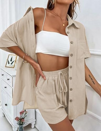 Image of SeekMe Linen Short Sets for Women Short Sleeve Top Shorts 2 Piece Summer Beach Vacation Outfits Lounge Tracksuits