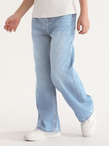 Haloumoning Boys Casual Baggy Denim Pants Kids Elastic Waist Wide Leg Jeans with Pockets 5-14 Years3