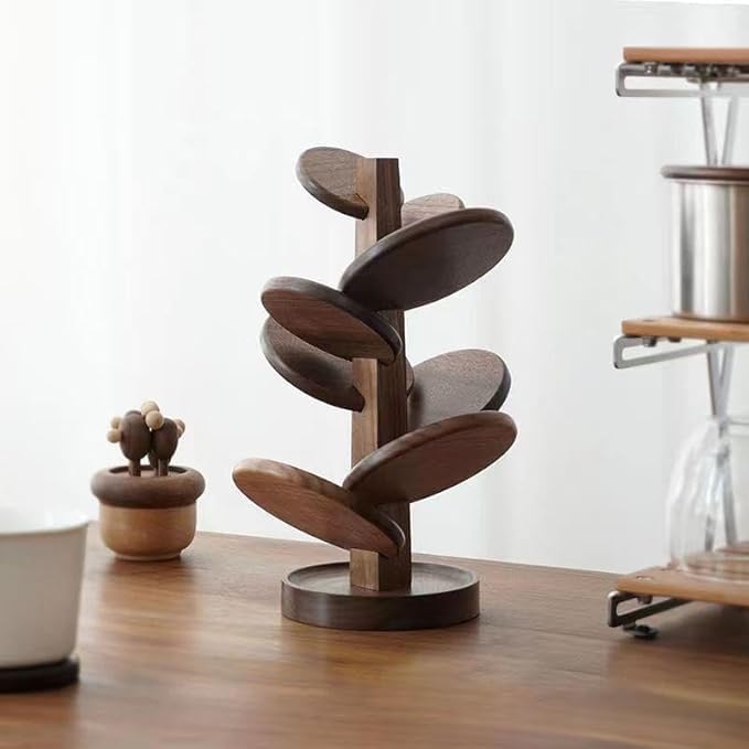 Modern Round Wooden Coasters Set with Tree Shape Stand Brown Wood Heat Resistant Drink Coasters for Coffee Mug Tea Cup Home Kitchen Office Table Protection-image-6