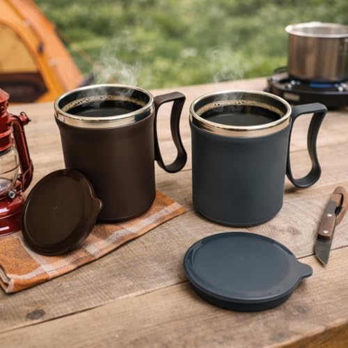 Image of Insulated Stainless Steel Coffee Mug with Lid, 300ml, Double Wall, Reusable Travel Mug for Home & Office (Brown - Gray)
