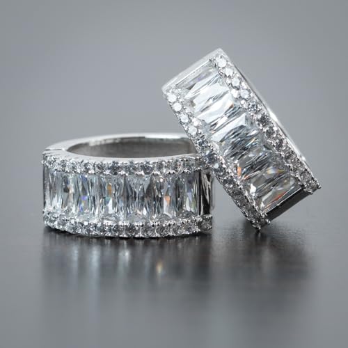 Brilliant Cubic Zirconia Iced CZ Huggie Trendy Hypoallergenic Chunky White Gold Plated 925 Sterling Silver Thick Baguette Hoop Earrings Fine Jewelry Birthday Gifts For Men And Women4