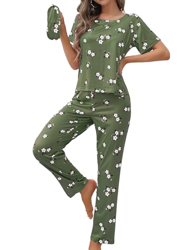 Bunanphy Pyjama Sets for Women Short Sleeve Floral Homewear Ladies Comfy Nightwear Comfort Loungewear Green #A Large