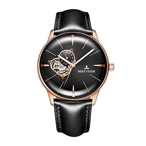 Reef Tiger Luxury Dress Watches for Men Rose Gold Tourbillon Automatic Watches Leather Strap RGA8239 (RGA8239-PBBH)