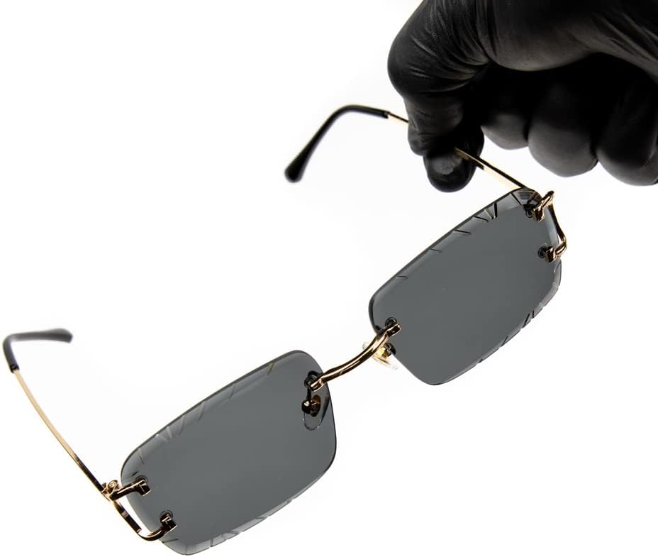 Rimless Gem Cut Unisex Square Luxury Retro 90's Hip Hop Diamond Cut lens Dark Black Tint Lens Gold Wire Frame Sun Glasses Frameless Rectangle Summer Shades Sunglasses For Men And Women