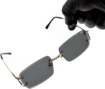 Rimless Gem Cut Unisex Square Luxury Retro 90's Hip Hop Diamond Cut lens Dark Black Tint Lens Gold Wire Frame Sun Glasses Frameless Rectangle Summer Shades Sunglasses For Men And Women