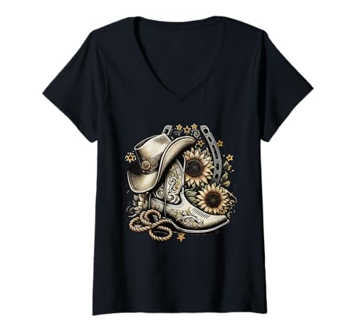 Damen Western Cowboystiefel Hufeisen Sonnenblume Seil Cowgirl Country T-Shirt mit V-Ausschnitt