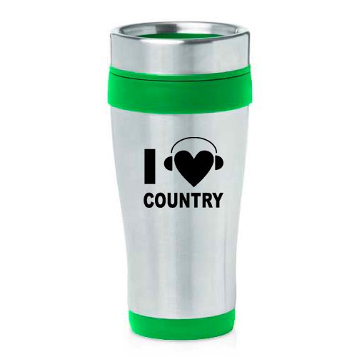 16Oz Insulated Stainless Steel Travel Mug I Heart Love Country Music Headphones (Green) #TOP28