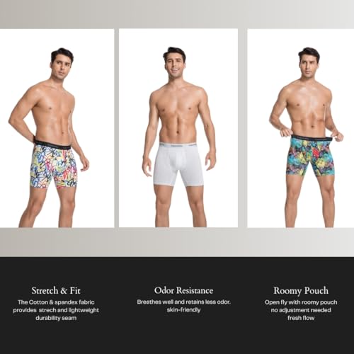 Expertoftio Cotton Men's Underwear Boxer Briefs Pack, 6 Inch, Breathable, Fly Opening, Soft, Comfortable, Moisture Wicking, Tagless, Middle rise, No roll waistband, No ride up, White Multi, Medium — view 5