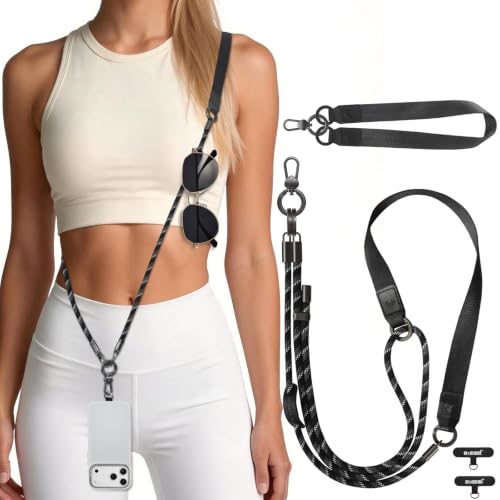 memumi 3-in-1 Anti-Theft Phone Lanyard Crossbody & Wrist Strap for iPhone & Android, Adjustable 32.6–63.7" Neck Strap, 20mm Wide Shoulder-Friendly Band with 2 Non-Scratch Phone Tabs – Midnight Black