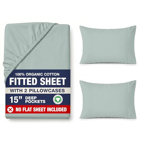 LANE LINEN 100% Organic Cotton Fitted Sheet Queen Size - 3 Pc Set (1 Fitted Sheet, 2 Pillowcases), Percale Weave, Soft, Breathable, Fits Mattress Upto 15" Deep - French Blue (No Flat Sheet)