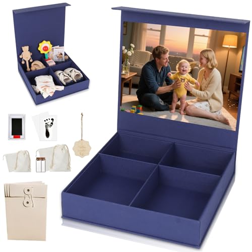 Baby Keepsake Box, Newborn Keepsake Box with 5 Additional Items,Baby Memory Box for Baby Girl & Boy,Gift for Baby Shower, New Parents Gifts (Blue)