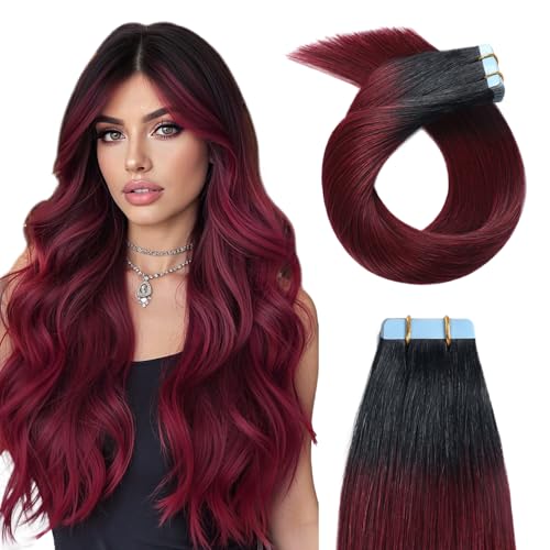 18inch Ombre T1/99J Tape in Hair Extensions Human Hair Jet Black to Red Ombre 20pcs 50g Tape in Human Hair, Natural Hair Extensions by YILITE(18inches T1/99J)