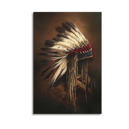 The Simple Charm of Indian Feather Headdress Wall Art Print Vintage Canvas Wall Art Wall Decor Aesthetic Modern Living Room Bathroom Decor Poster 16x24inch(40x60cm) Unframe-style
