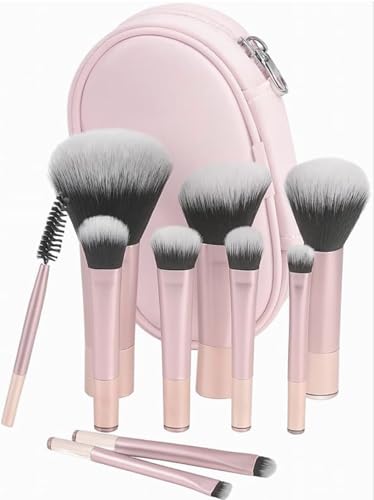 Kit Mini Pincéis de Maquiagem Premium 10 Peças – Travel Size com Nécessaire, Cerdas Macias para Base, Blush e Sombras - Rosa
