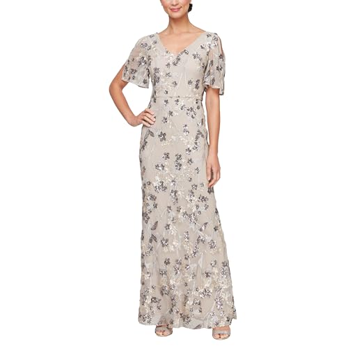 Image of Alex Evenings Women's Long Mother of The Bride Sequin Dress with Cold Shoulder Flutter Sleeves (Petite and Regular Sizes)