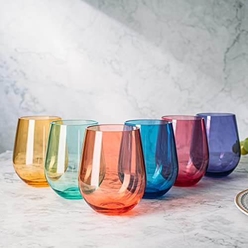 European Style Crystal, Stemless Wine Glasses, Acrylic Glasses Tritan Drinkware, Unbreakable Colored, 6 - Set - Shatterproof Bpa-Free Plastic, Reusable, All Purpose Glassware, 15Oz #TOP7