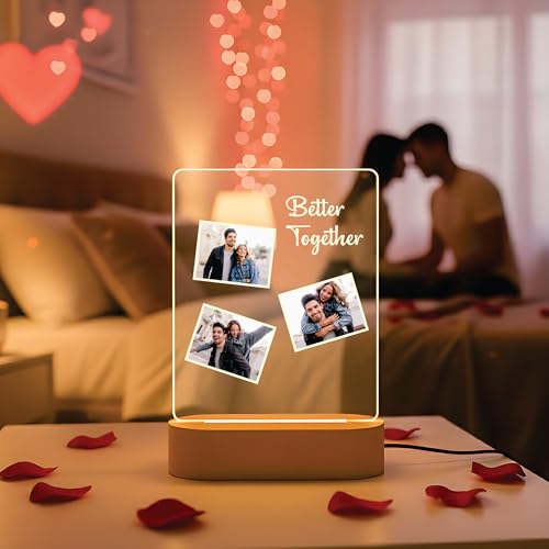 Image of Giftplease Personalized Photo Frame with Wooden Base - Custom LED Frame for Couples - Valentine's Day for Boyfriend, Girlfriend, Husband, or Wife - Romantic Anniversary & Wedding Keepsake Decor