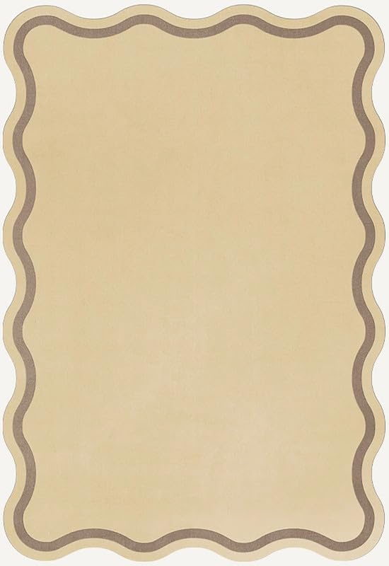 Image of Hand-Tufted Scalloped Wool Area Rug, Luxurious Lemon Yellow with Brown Accents, Perfect for Any Decor (7x7 Ft Square)