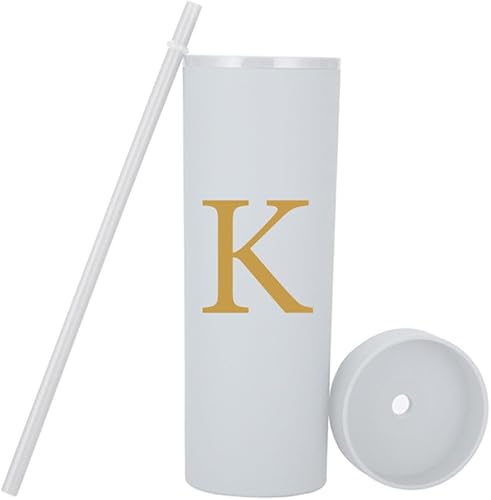 Miniatura 3 de Vaso delgado personalizado de la letra K, vasos delgados de 16 onzas con inicial mate con tapas y popotes. Vasos delgados personalizados, regalos de