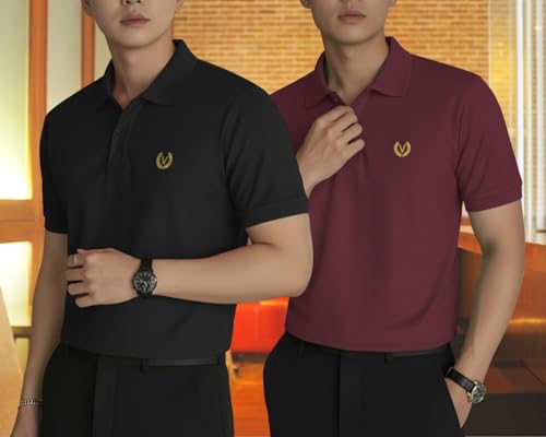 Image of MACK JONNEY Men's Solid Polo T-Shirt | Premium Cotton Blend | Regular Fit | Short Sleeve | Collared Casual Wear|Pack of 2 -MJ-157