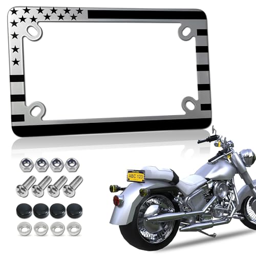 FBJTDQ Motorcycle License Plate Frame - American Flag Stainless Steel Bike Tag Plate Holder USA Patriotic Heavy-Duty Metal Bracket with Mounting Screws Nuts Caps 1 Pack