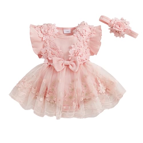 Newborn Baby Girl Summer Dress Ruffle Sleeveless Floral Embroidery Romper Dress Headband Beautiful Clothes Set (Pink, 0-3 Months)