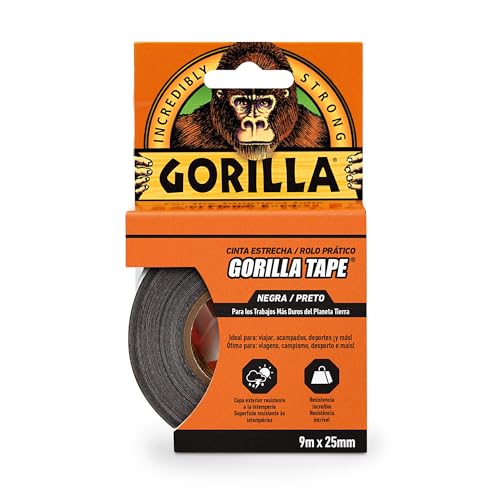 Gorilla Tape - Cinta Americana Negra, 9 m x 25 mm | Agarre Extrafuerte en Superficies Rugosas e Irregulares | Tricapa y Resistente a las Intemperies